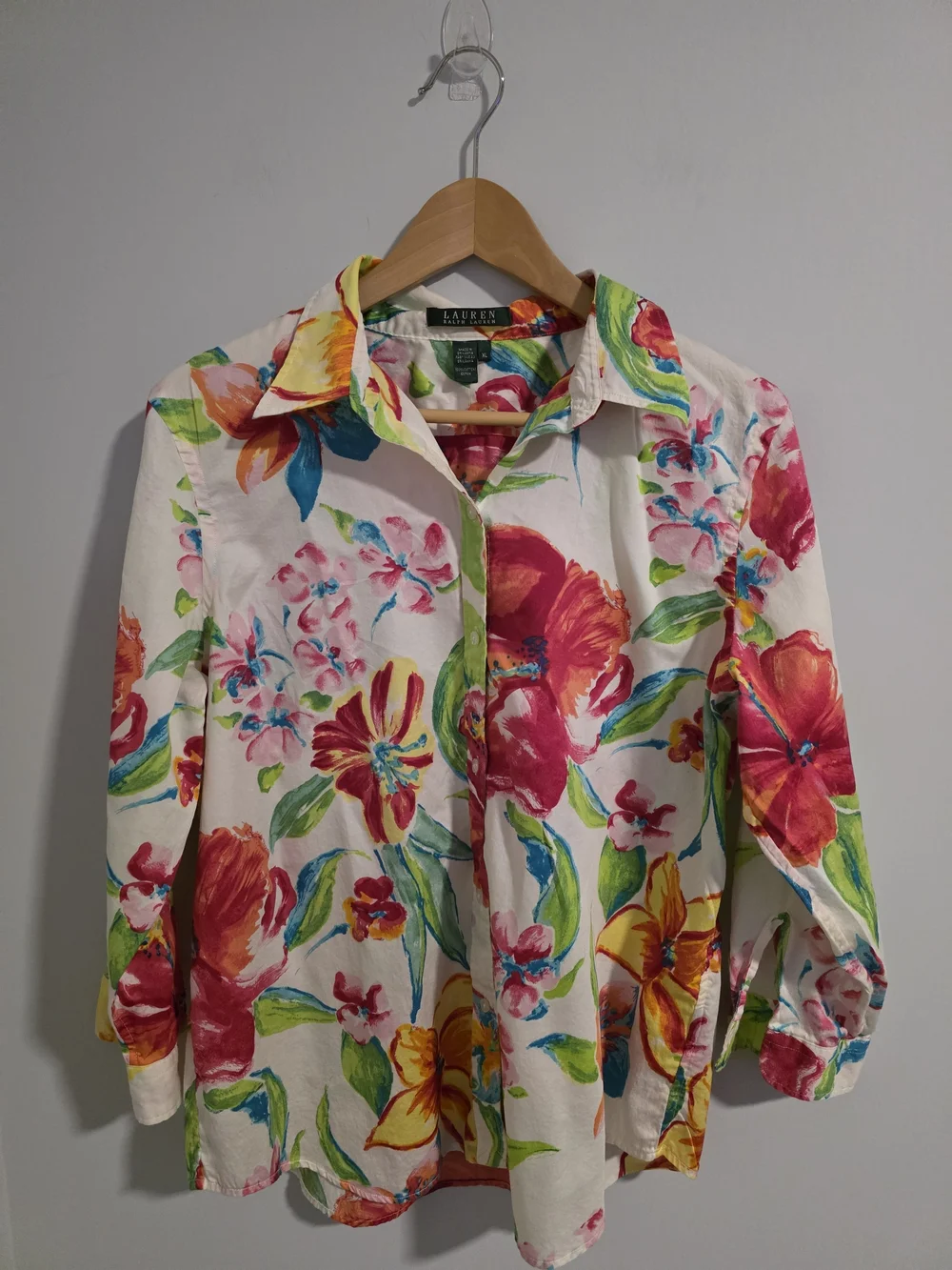 Lauren Ralph Lauren Floral Button Down Shirt XL Cotton Bright Summer Blouse - Picture 3 of 9